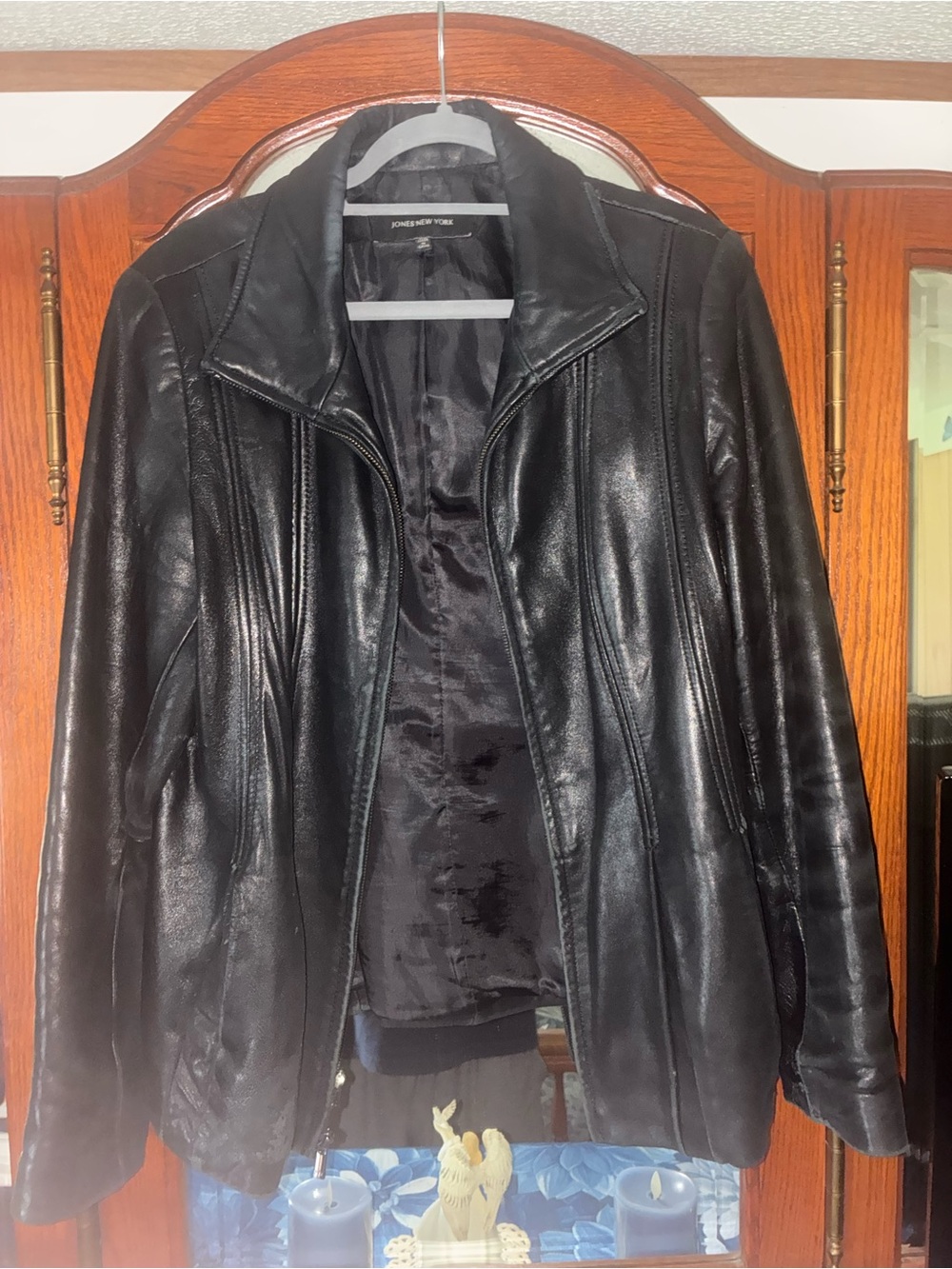 Jones New York Black Leather Zip Jacket with Panel Stitching